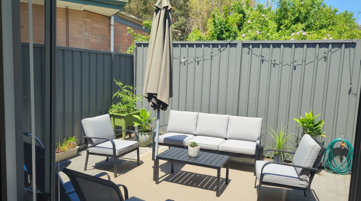 Private paved courtyard with outdoor lounge furniture, an umbrella, potted plants and festoon lights, seen from sliding doors